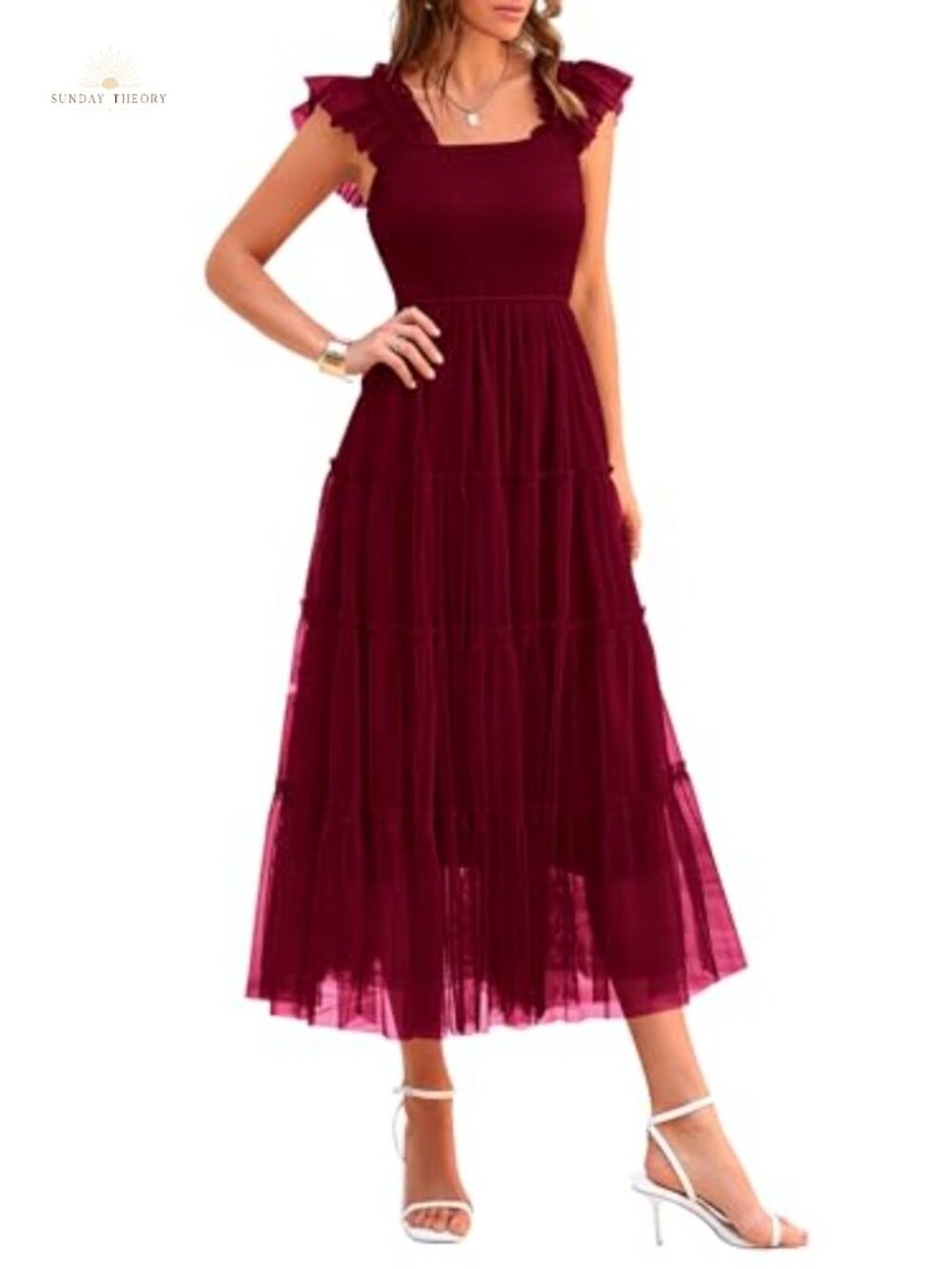 Women's Smocked Midi Tulle Dress Sleeveless Square Neck A-Line Flowy
